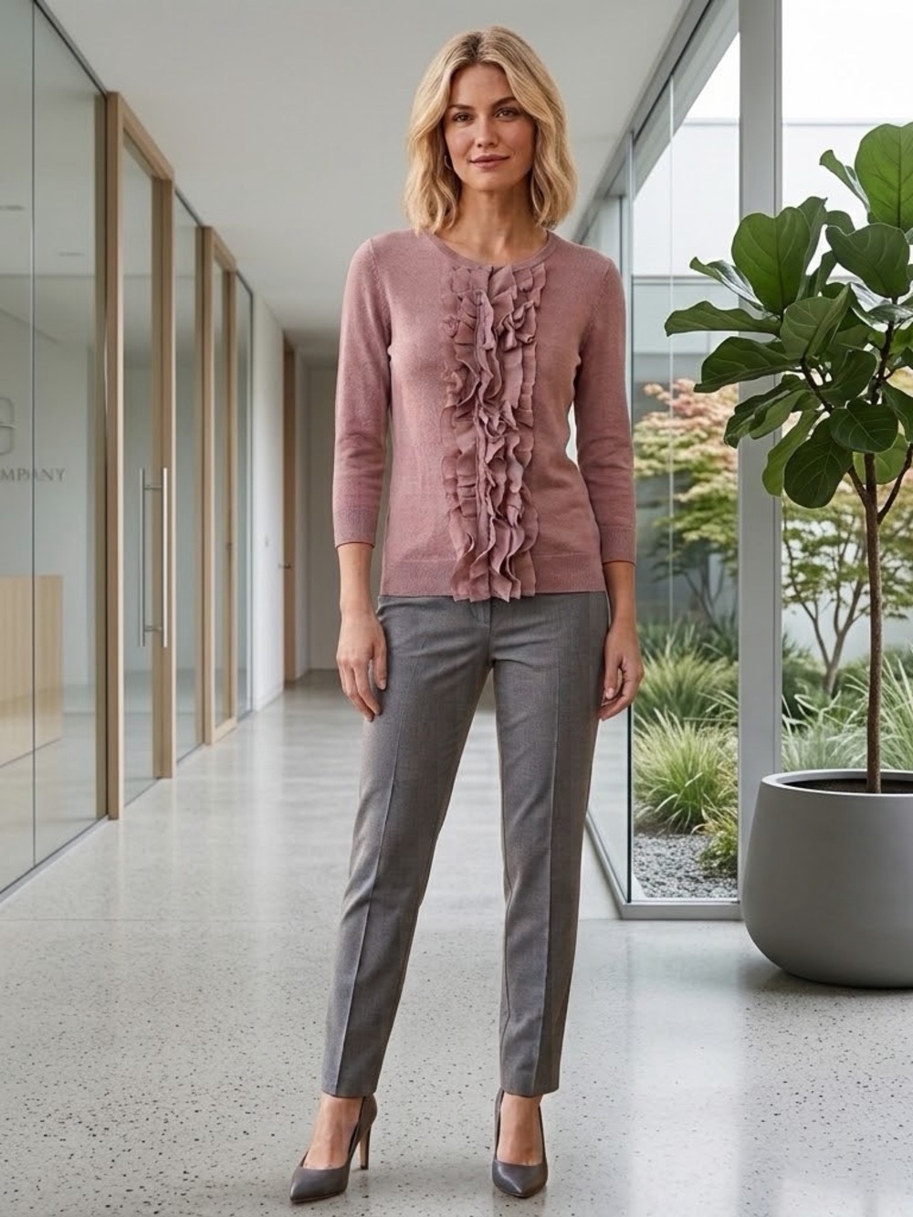 LOFT Dusty Mauve Ruffle-Front Crewneck Sweater